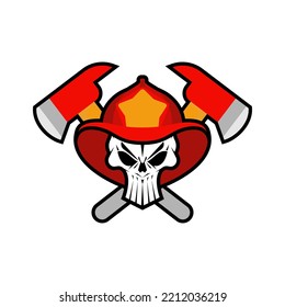 Firefighter Skull In Helmet Sign. Fire Ax And Flame. Fire Department Symbol. Fireman Emblem 