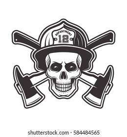 Firefighter skull in helmet and two crossed axes vector illustration in monochrome style isolated on white background