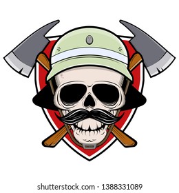 firefighter skull sign with shield helmet and axe