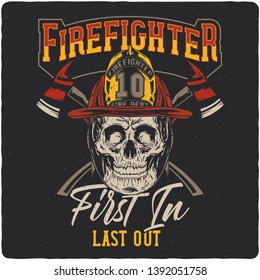 Firefighter skull. Vintage label, illustration, logotype. Vector illustration. T-shirt or poster design.