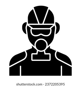 Firefighter solid icon. Fireman with respirator glyph style pictogram on white background. Man in fireman uniform and gas mask for mobile concept and web design. Vector graphics