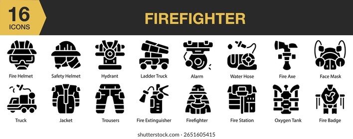 Firefighter solid icon set. Includes rescue, emergency, firefighter, fire, safety, and More. Solid icons vector collection.