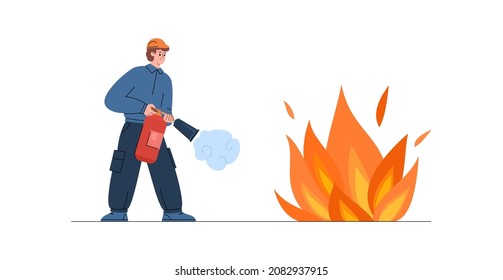 Firefighter spraying foam from fire extinguisher on flame, flat vector illustration isolated on white background. Use of fire extinguisher in case of emergency.