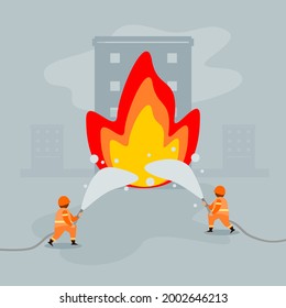 Firefighter are spraying water to extinguish a building fire flat vector.