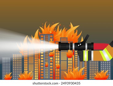 Firefighter Spraying Water to Extinguish Fire on Burning Building or Burning House. Vector Illustration. 
