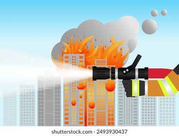 Firefighter Spraying Water to Extinguish Fire on Burning Building or Burning House. Vector Illustration. 