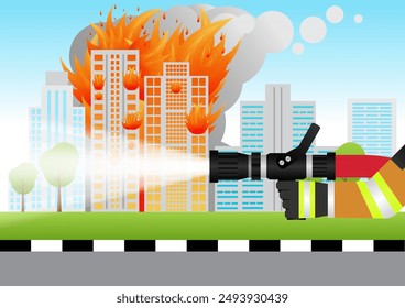 Firefighter Spraying Water to Extinguish Fire on Burning Building or Burning House. Vector Illustration. 