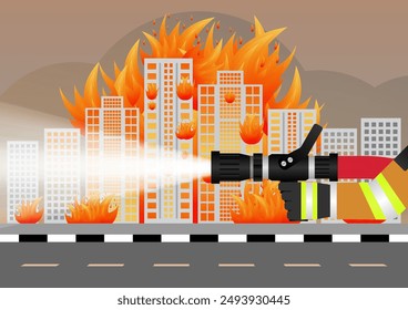 Firefighter Spraying Water to Extinguish Fire on Burning Building or Burning House. Vector Illustration. 