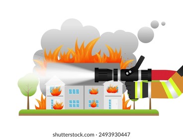 Firefighter Spraying Water to Extinguish Fire on Burning Building or Burning House. Vector Illustration. 