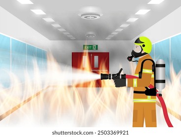Firefighter Spraying Water to Extinguish Fire on Burning Building or Burning Office. Vector Illustration. 