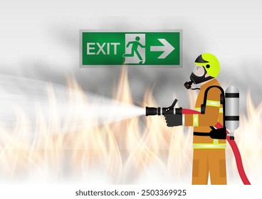 Firefighter Spraying Water to Extinguish Fire on Burning Building or Burning Office. Vector Illustration. 