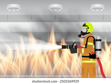 Bomberos rociando agua para extinguir el fuego en edificios en llamas o oficinas en llamas. Ilustración vectorial. 