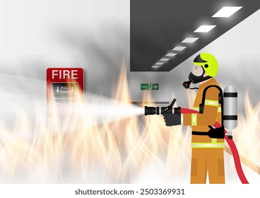 Firefighter Spraying Water to Extinguish Fire on Burning Building or Burning Office. Vector Illustration. 