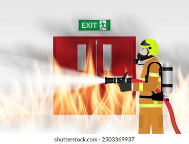 Firefighter Spraying Water to Extinguish Fire on Burning Building or Burning Office. Vector Illustration. 