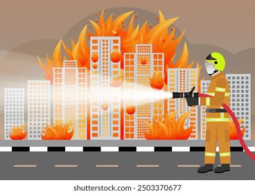 Firefighter Spraying Water to Extinguish Fire on Burning Building or Burning Office. Vector Illustration. 