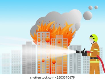 Bomberos rociando agua para extinguir el fuego en edificios en llamas o oficinas en llamas. Ilustración vectorial. 