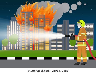 Firefighter Spraying Water to Extinguish Fire on Burning Building or Burning Office. Vector Illustration. 