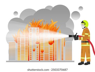 Bomberos rociando agua para extinguir el fuego en edificios en llamas o oficinas en llamas. Ilustración vectorial. 