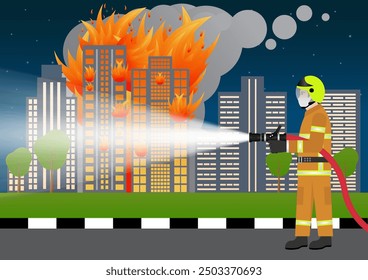 Firefighter Spraying Water to Extinguish Fire on Burning Building or Burning Office. Vector Illustration. 