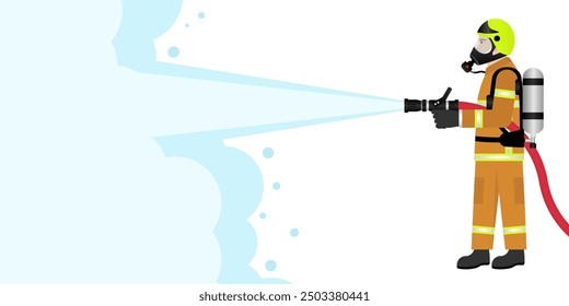 Firefighter Spraying Water to Extinguish Fire Flame. Vector Illustration. 