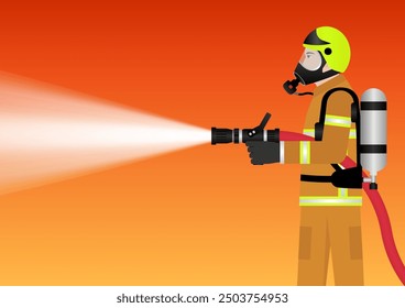 Firefighter Spraying Water to Extinguish Fire Flame. Vector Illustration. 