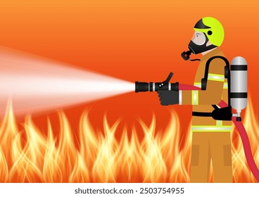 Firefighter Spraying Water to Extinguish Fire Flame. Vector Illustration. 