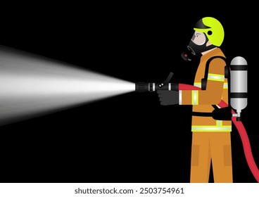Firefighter Spraying Water to Extinguish Fire Flame. Vector Illustration. 