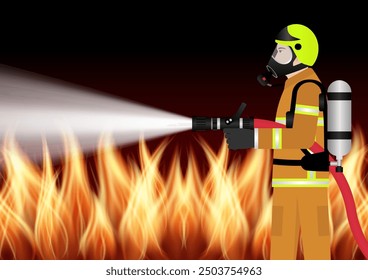 Firefighter Spraying Water to Extinguish Fire Flame. Vector Illustration. 