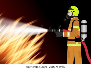 Bombero rociando agua para apagar la llama de fuego. Ilustración vectorial. 