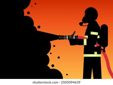 Firefighter Spraying Water to Extinguish Fire Flame. Vector Illustration. 