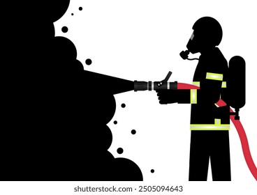 Firefighter Spraying Water to Extinguish Fire Flame. Vector Illustration. 