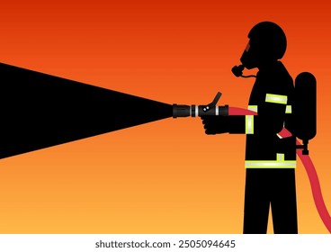 Firefighter Spraying Water to Extinguish Fire Flame. Vector Illustration. 