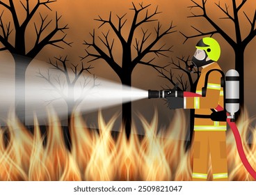 Firefighter Spraying Water to Extinguish Forest Fire. Forest Fire. Wildfire. Burning Forest. Vector Illustration. 