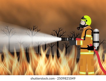 Bomberos rociando agua para extinguir incendios forestales. Incendio forestal. Incendio forestal. Bosque en llamas. Ilustración vectorial. 