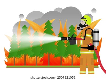 Firefighter Spraying Water to Extinguish Forest Fire. Forest Fire. Wildfire. Burning Forest. Vector Illustration. 