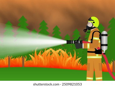 Firefighter Spraying Water to Extinguish Forest Fire. Forest Fire. Wildfire. Burning Forest. Vector Illustration. 