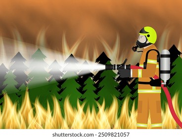 Firefighter Spraying Water to Extinguish Forest Fire. Forest Fire. Wildfire. Burning Forest. Vector Illustration. 