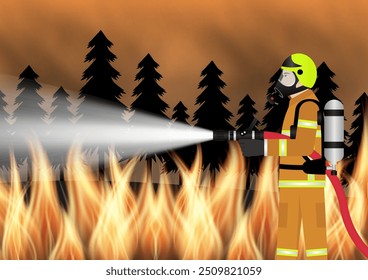 Bomberos rociando agua para extinguir incendios forestales. Incendio forestal. Incendio forestal. Bosque en llamas. Ilustración vectorial. 