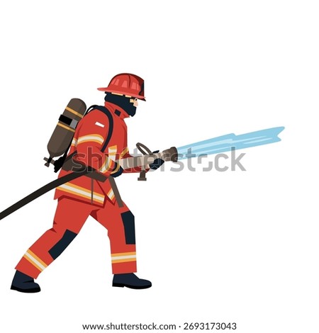 Firefighter Spraying Water with Hose. Flat vector illustration isolated on white background
