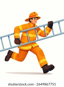 Firefighter sprints with a ladder in hand, ready for action, embodying courage and dedication, representing emergency services and community safety.