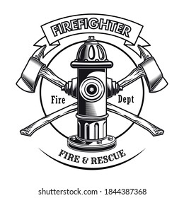 Firefighter stamp with hydrant vector illustration. Crossed axes and fire dept text. Rescue concept for firefighting or fire department emblem template