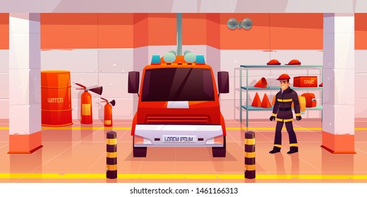 Firefighter stand near fire engine in garage, man in uniform and helmet in room with red car, steel pole, signaling, water barrel, sand box, extinguishers, buckets, hoses. Cartoon vector illustration