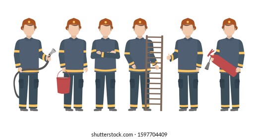 Firefighter standing in diverse poses. Vector.