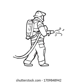 Firefighter standing and extinguishing fire with hose in his hands, hand drawn outline vector illustration. Fireman rescuing lives, pen drawn. Brave human saving nature and other people.