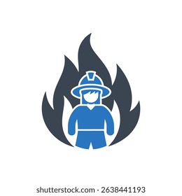 Firefighter standing in front of flames icon.