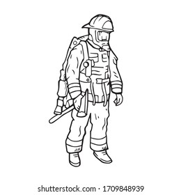 Firefighter standing with full equipment and ready for extinguishing fire, hand drawn outline vector illustration. Fireman rescuing lives, pen drawn. Brave human saving nature and other people.