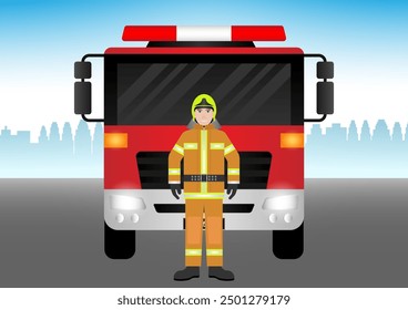 Firefighter Standing near Fire Truck. Vector Illustration.