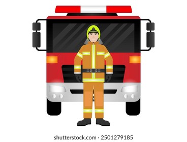 Firefighter Standing near Fire Truck. Vector Illustration.