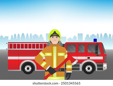 Firefighter Standing near Fire Truck. Vector Illustration.