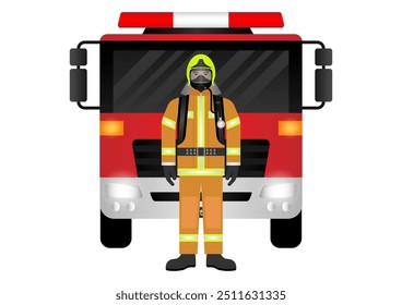 Firefighter Standing near Fire Truck. Vector Illustration.